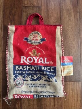 Basmati Rice Burlap Sack Tote in Red and Natural 18” X 15” Farmer’s Market